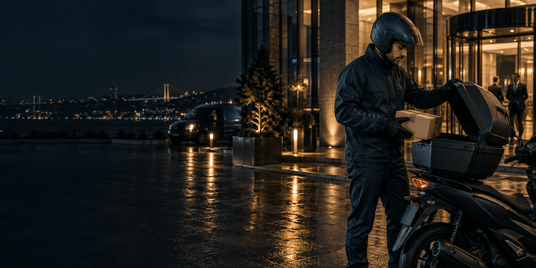 Gece operasyonunda kapalı paketi motosikletine yerleştiren Hilal Lojistik kuryesi